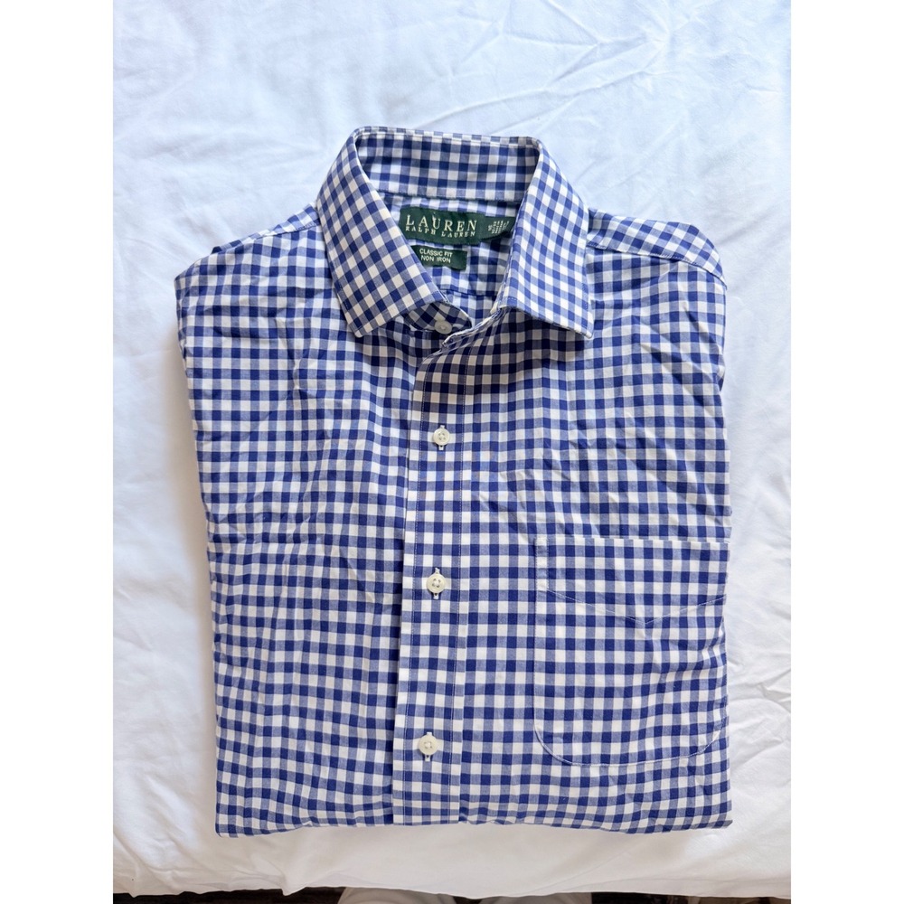 Lauren Ralph Lauren Mens Classic Fit Non Iron Gingham Dress Shirt Navy Blue 16